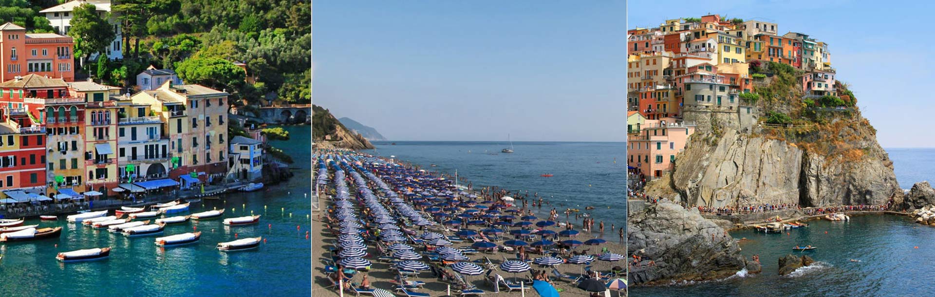 3 immagini che rappresentano Portofino, Deiva Marina e le Cinque Terre con le loro spiagge