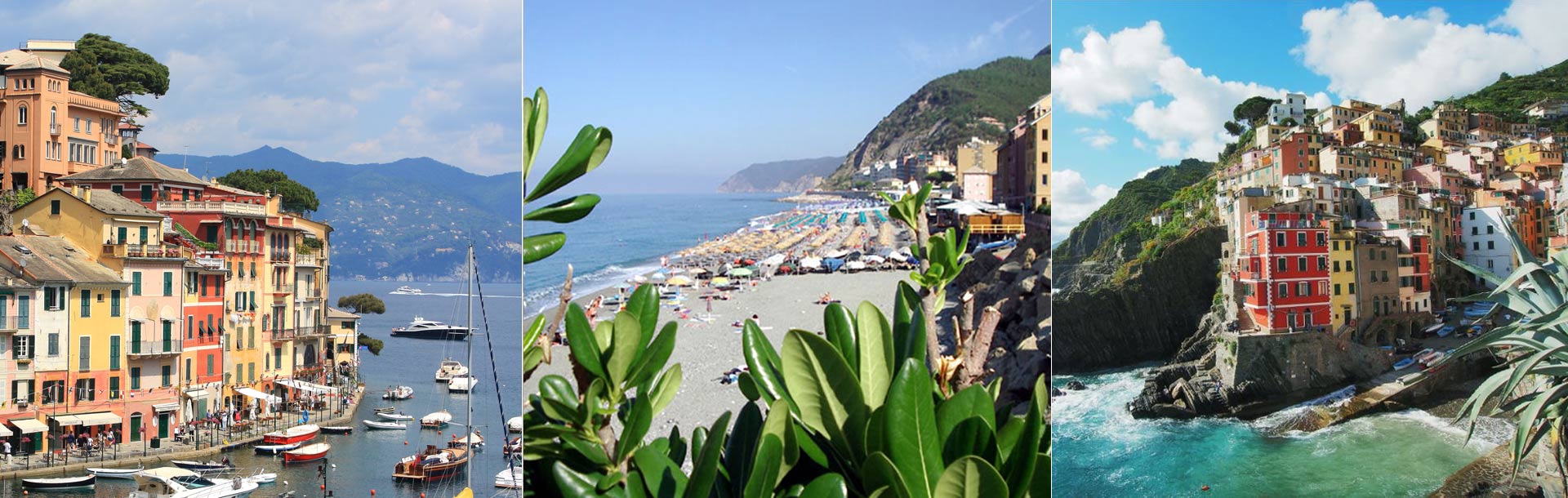 3 immagini che rappresentano Portofino, Deiva Marina e le Cinque Terre con le loro spiagge