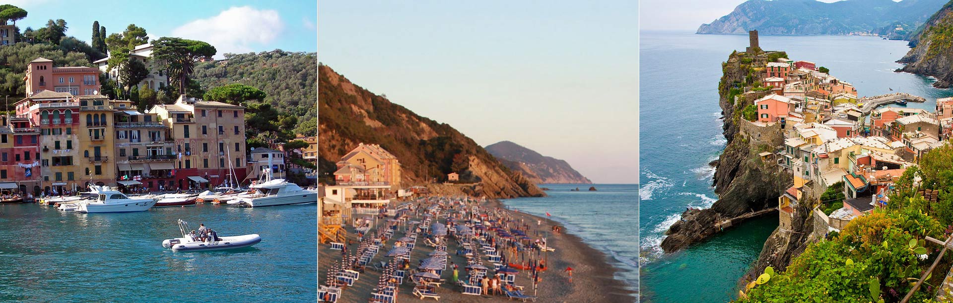 3 immagini che rappresentano Portofino, Deiva Marina e le Cinque Terre con le loro spiagge