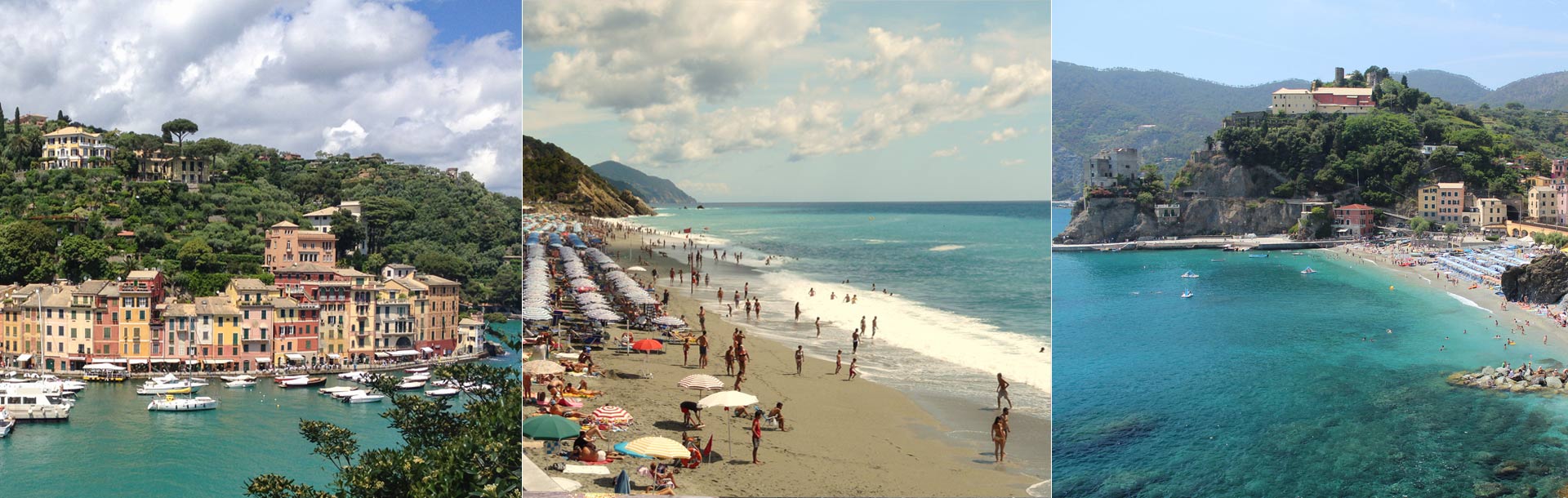 3 immagini che rappresentano Portofino, Deiva Marina e le Cinque Terre con le loro spiagge