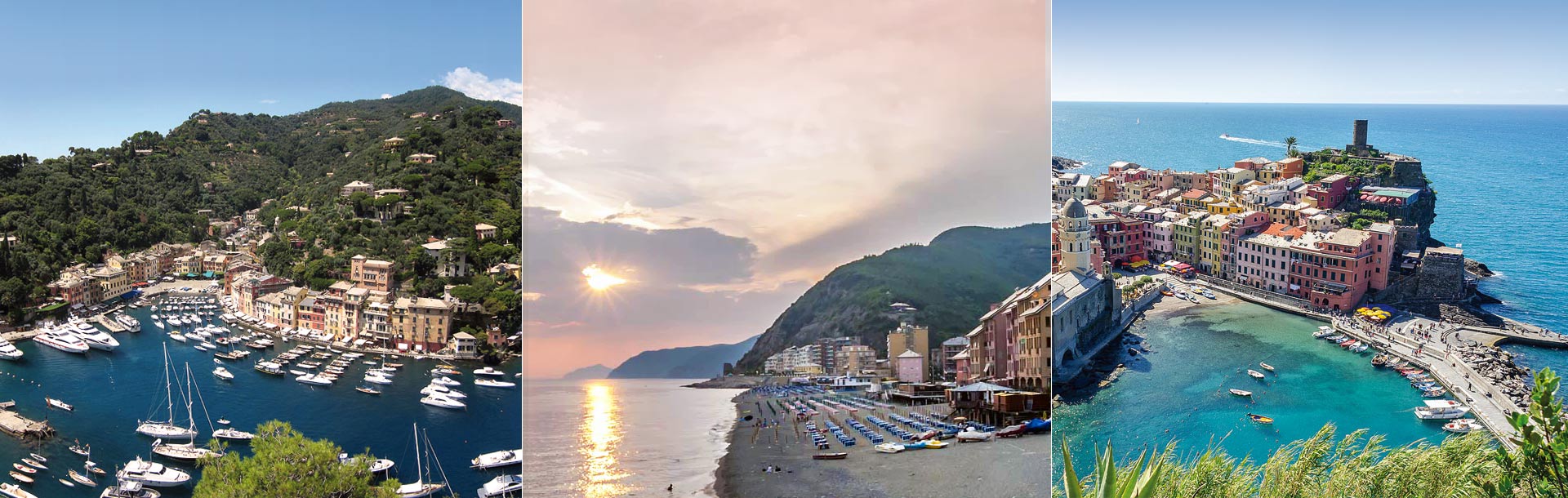 3 immagini che rappresentano Portofino, Deiva Marina e le Cinque Terre con le loro spiagge